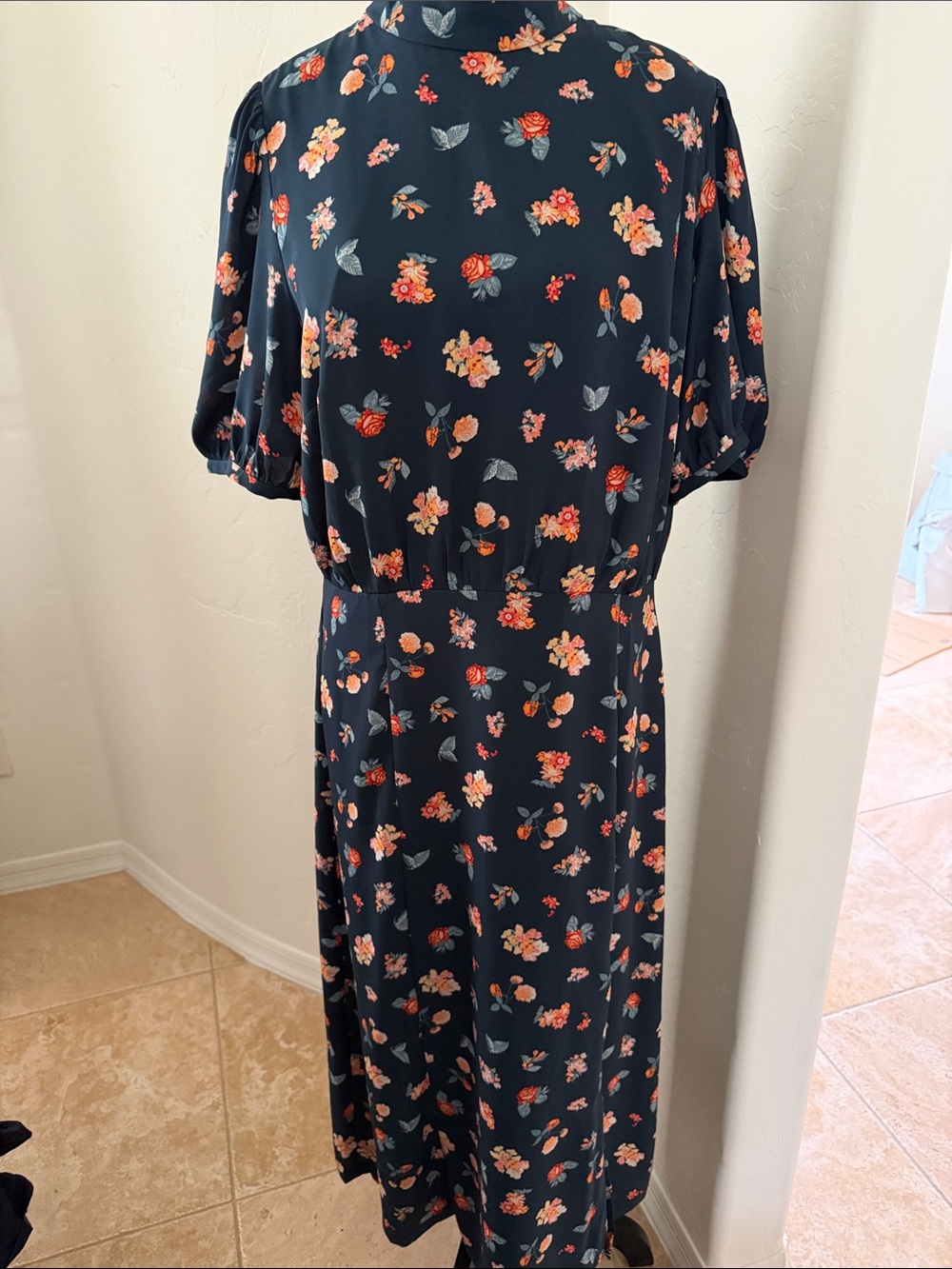 Brand New Ann Taylor Navy Maxi Dress with Coral and Peach Floral Print
